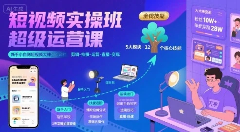 【精】短视频实操班超级运营课,新手小白到短视频大神必修课程,剪辑-拍摄-运营-直播-变现-创客之家