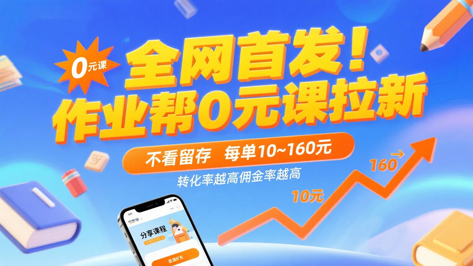 全网首发!作业帮0元课拉新,不看留存,每单10~160元,转化率越高佣金率越高。-创客之家
