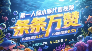 第一人称水族代言视频，条条万赞，20条作品涨粉7.8W，多种变现方式月入五位数-创客之家