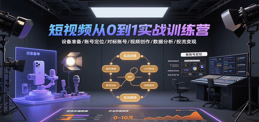 短视频从0到1实战训练营:设备准备/账号定位/对标账号/视频创作/数据分析/投流变现-创客之家