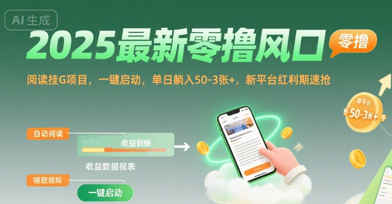 2025最新零撸风口,阅读挂G项目,一键启动,单日躺入 50-3张+,新平台红利期速抢【揭秘】-创客之家