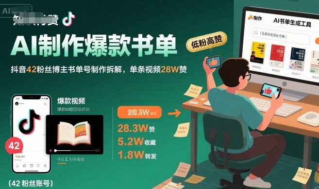AI制作爆款书单,抖音42粉丝博主书单号制作拆解,单条视频28W赞-创客之家