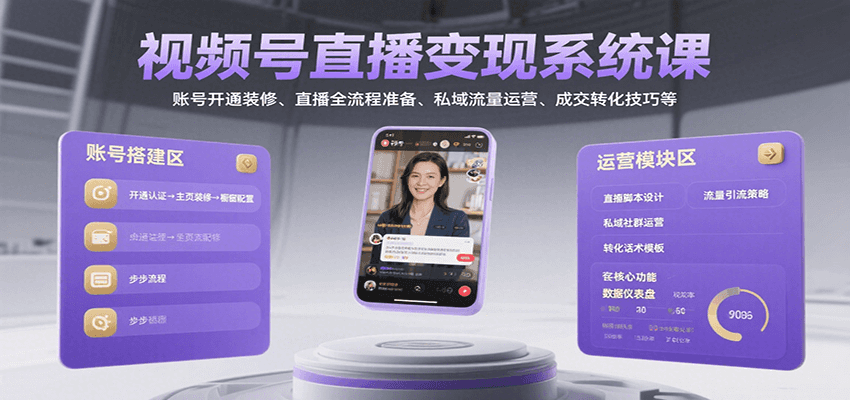 视频号直播变现系统课,账号开通装修、直播全流程准备、私域流量运营、成交转化技巧等-创客之家