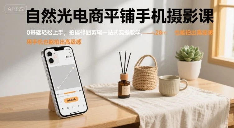 【精】自然光电商平铺手机摄影课，0基础轻松上手，拍摄修图剪辑一站式实操教学，用手机也能拍出高级感-创客之家