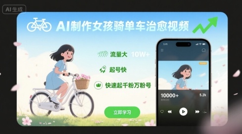 AI制作女孩骑单车治愈视频,流量大,起号快,快速起千粉万粉号-创客之家