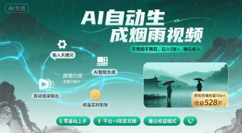 不用拍不用剪！AI自动生成烟雨视频，日入5张+，睡后收入-创客之家