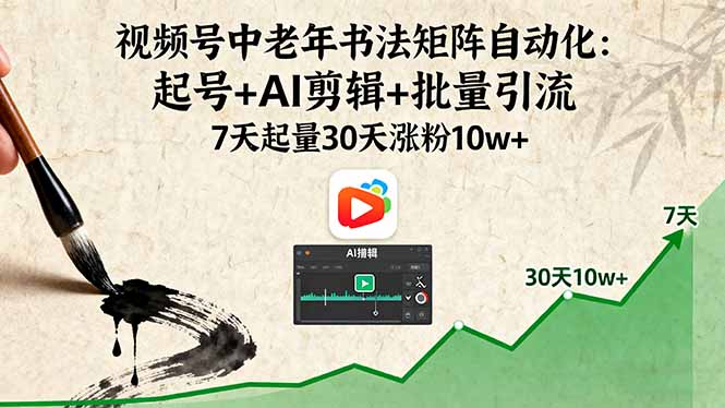 视频号中老年书法矩阵自动化:起号+AI剪辑+批量引流 7天起量30天涨粉10w+-创客之家