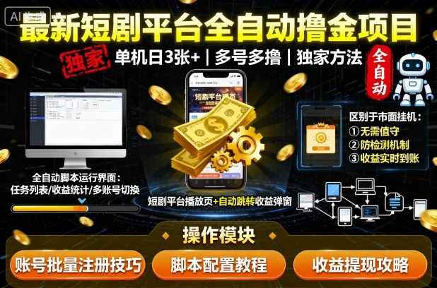 最新短剧平台全自动挂G撸金项目,单机一天3张+,多号多撸,区别于市面所有挂机项目,独家方法【揭秘】-创客之家