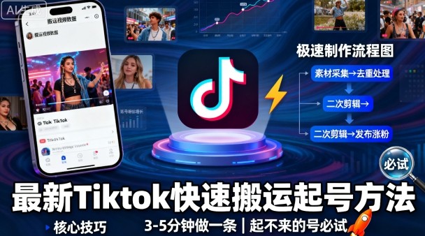 最新Tiktok快速搬运快速起号方法，3-5分钟做一条，起不来的号可以试试-创客之家