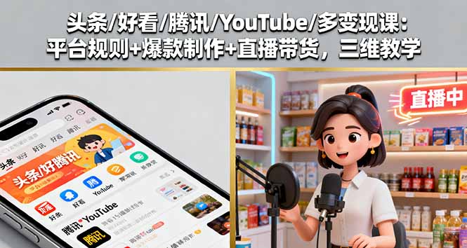 头条/好看/腾讯/YouTube/多变现课:平台规则+爆款制作+直播带货,三维教学-创客之家
