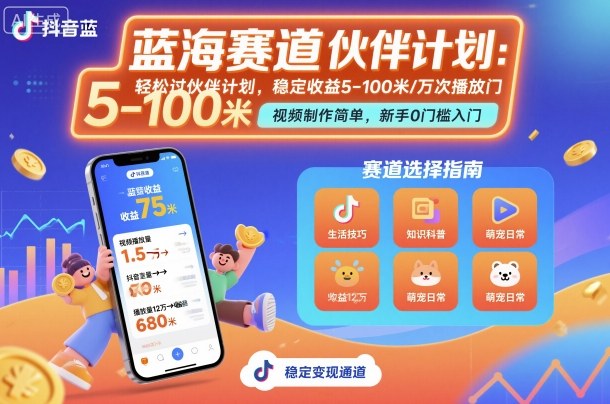 抖音蓝海赛道,轻松过伙伴计划,视频制作简单,万次播放收益在5-100米,稳定收益-创客之家