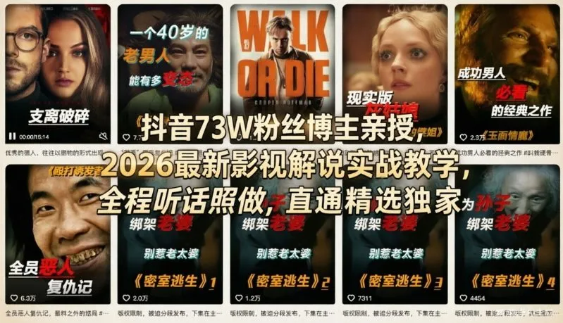 【精】抖音73W粉丝博主亲授，2026最新影视解说实战教学，全程听话照做，直通精选独家-创客之家