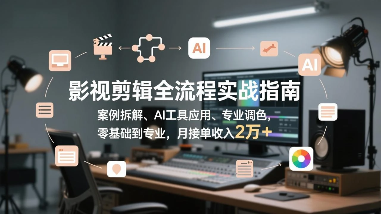 【精】影视剪辑全流程实战指南，案例拆解、AI工具应用、专业调色，零基础到专业，月接单收入2万+-创客之家