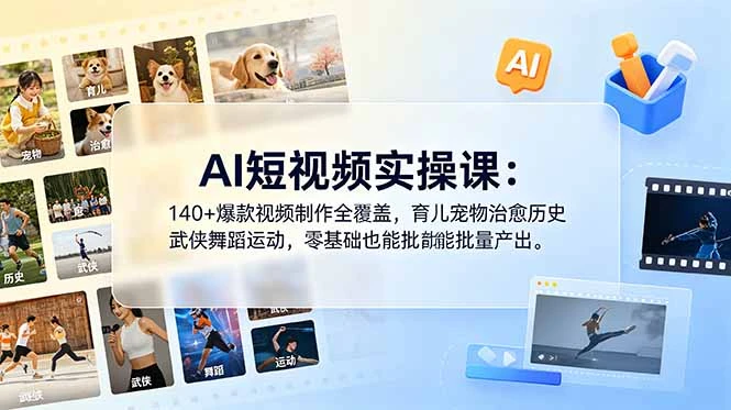【精】AI短视频实操课:140+爆款视频制作全覆盖,育儿宠物治愈历史武侠舞蹈运动,零基础也能批量产出-创客之家