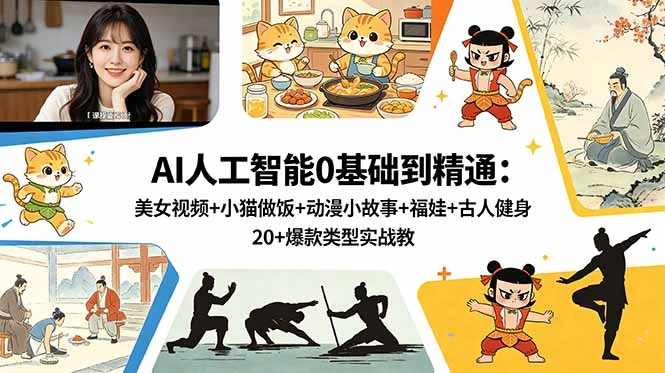 【精】AI人工智能0基础到精通:美女视频+小猫做饭+动漫小故事+福娃+古人健身,20+爆款类型实战教学-创客之家