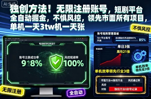 独创方法!无限注册账号,短剧平台全自动掘金,不惧风控,领先市面所有项目,单机一天3张【揭秘】-创客之家