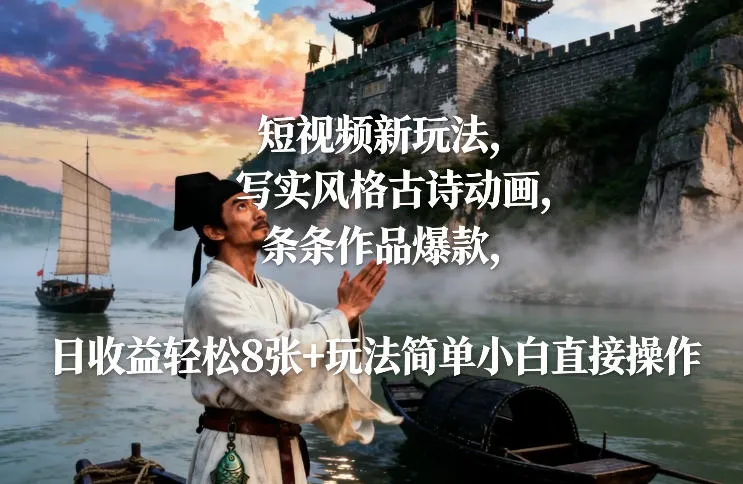 短视频新玩法，写实风格古诗动画，条条作品爆款，日收益轻松8张+玩法简单小白直接操作-创客之家
