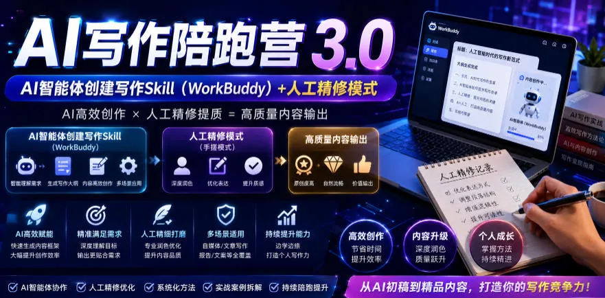 【精】AI写作陪跑营3.0,Ai智能体创建写作skill(workbuddy)+人工手写模式(手搓模式),去除AI痕迹(头条号、公众号、百家号)-创客之家
