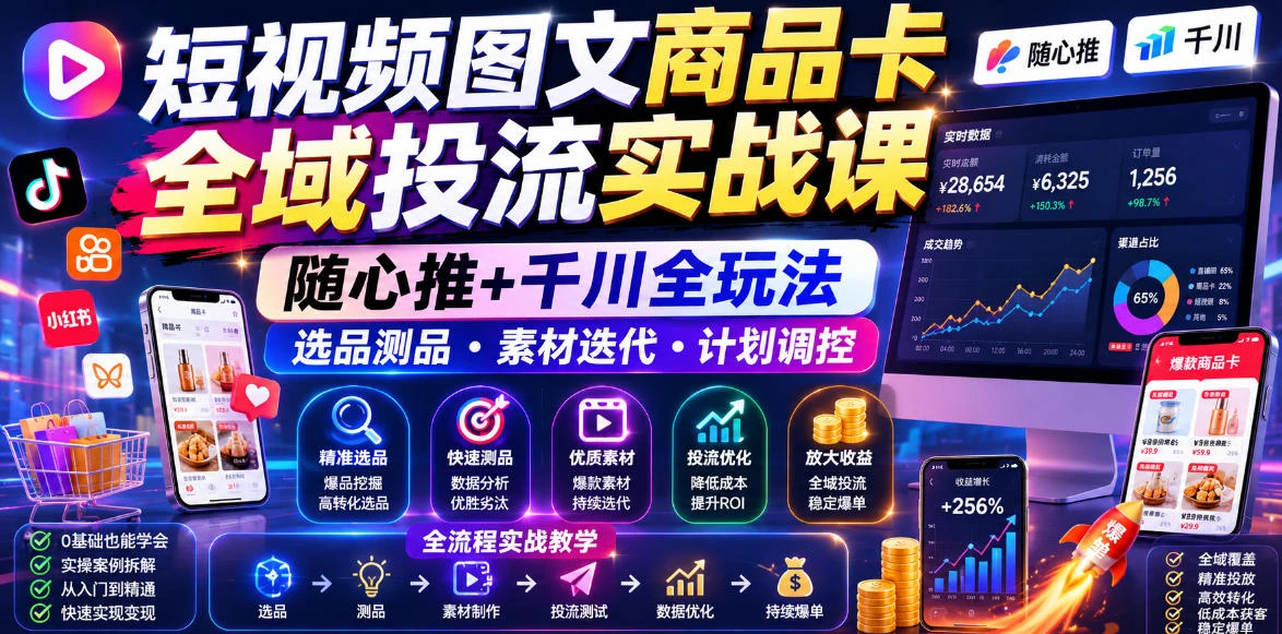 【精】短视频图文商品卡全域投流实战课,随心推+千川全玩法,选品测品・素材迭代・计划调控,提升ROI爆单增收教程-创客之家