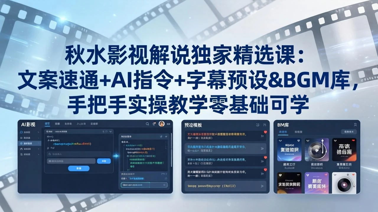 【精】秋水影视解说独家精选课：文案速通+AI指令+字幕预设+BGM库，手把手实操教学零基础可学-创客之家