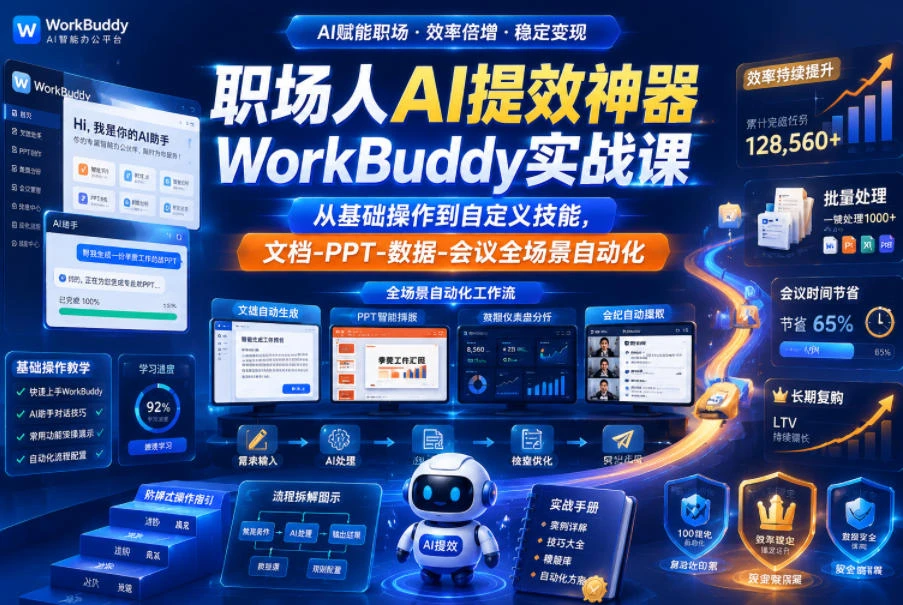 【精】职场人AI提效神器WorkBuddy实战课,从基础操作到自定义技能,文档-PPT-数据-会议全场景自动化-创客之家