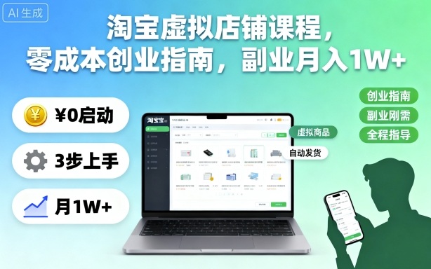 淘宝虚拟店铺课程,零成本创业指南,副业月入1W+-创客之家